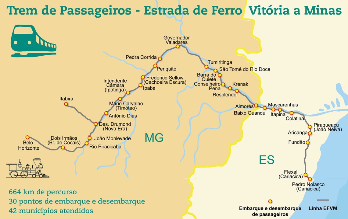 Mapa da Estrada de Ferro Vitória a Minas - Trem de passageiros. Foto: divulgação Vale