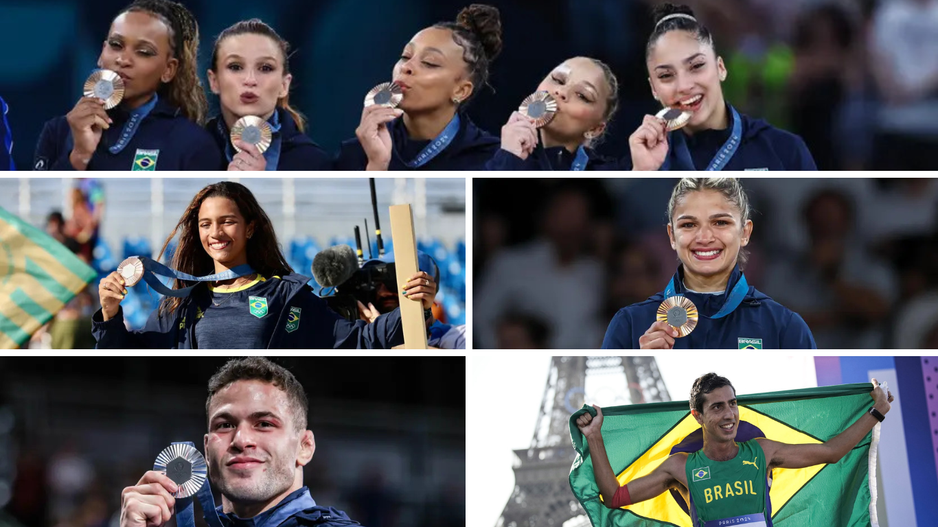 Equipe feminina de ginástica artística, Rayssa Leal, Larrisa Pimenta, William Lima e Caio Bonfim: primeiros medalhistas brasileiros nas Olimpíadas de Paris. Créditos: divulgação Comitê Olímpico do Brasil (COB)